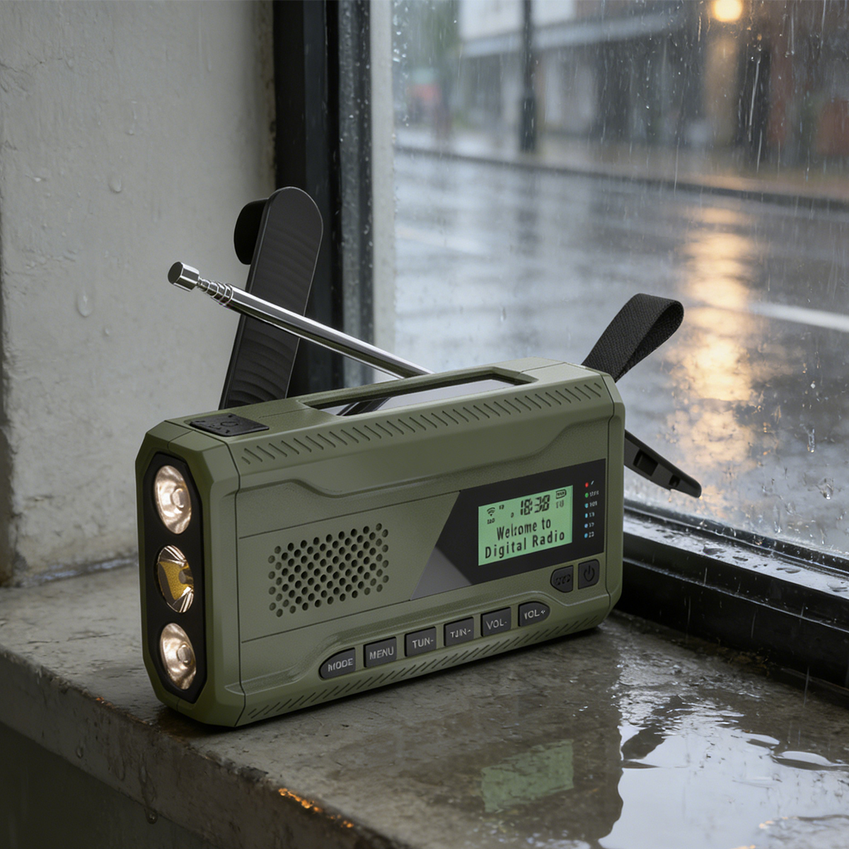 Grüne Notfallradio mit Taschenlampe auf Fensterbank, Regen draußen.