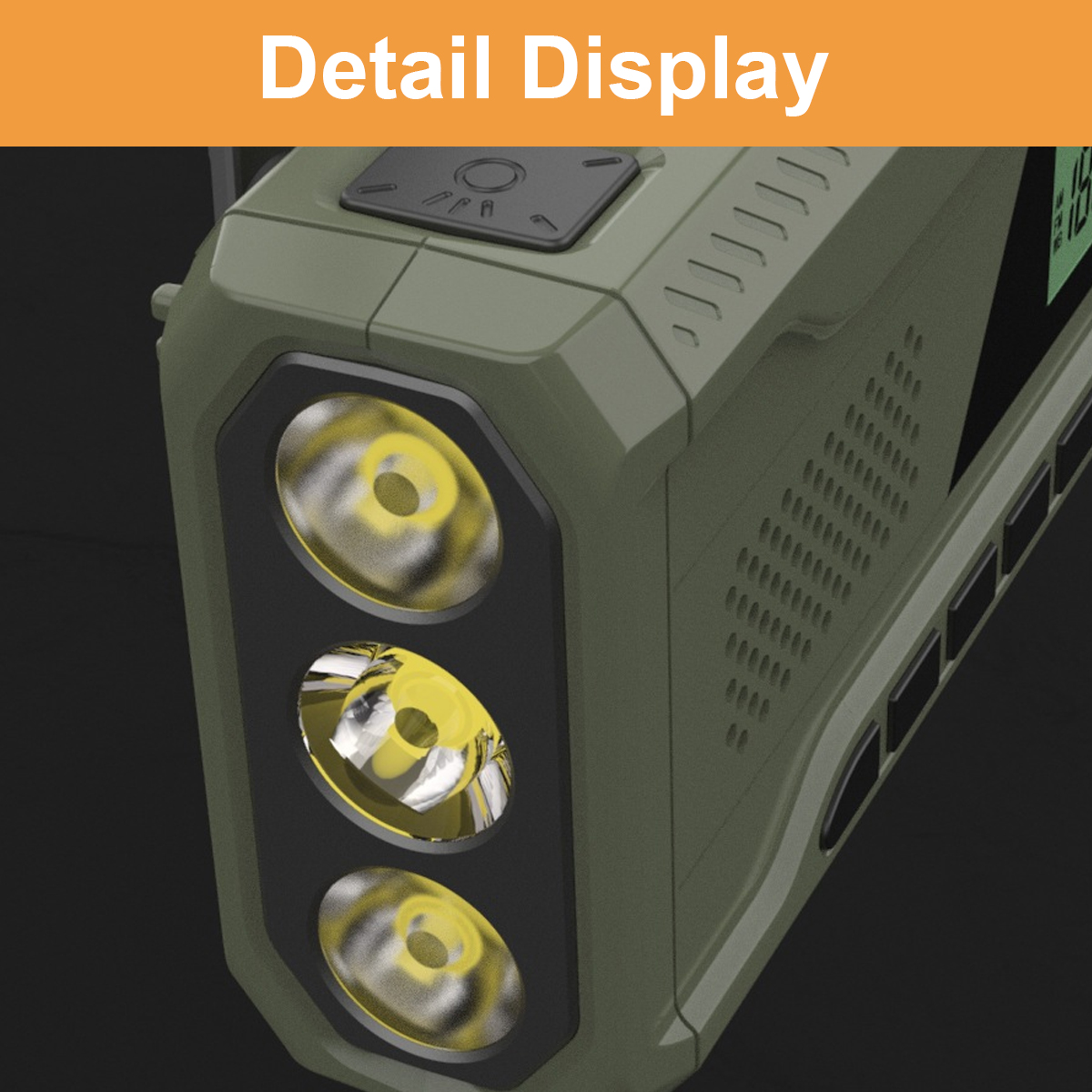 Grünes Gerät mit drei hellen LED-Taschenlampen vorne und einem Display.