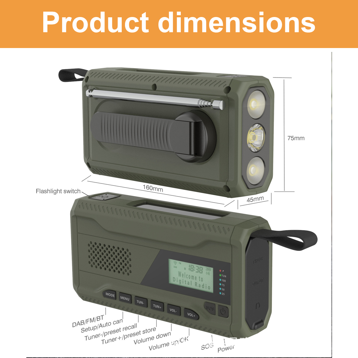 Grünes Radio mit Kurbel, Taschenlampe und Maßen: 160x75x45mm.