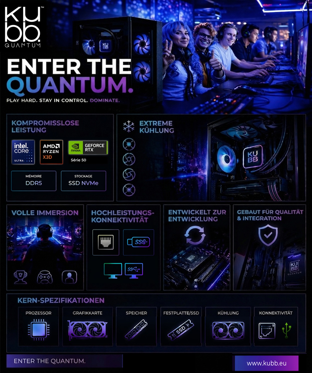 Kubb Quantum PC-Werbung mit Gaming-Motiv, Komponenten und Slogan.