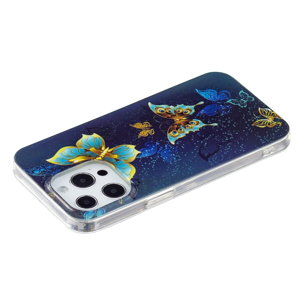 Custodia blu scuro per telefono con design a farfalla e ritaglio fotocamera.