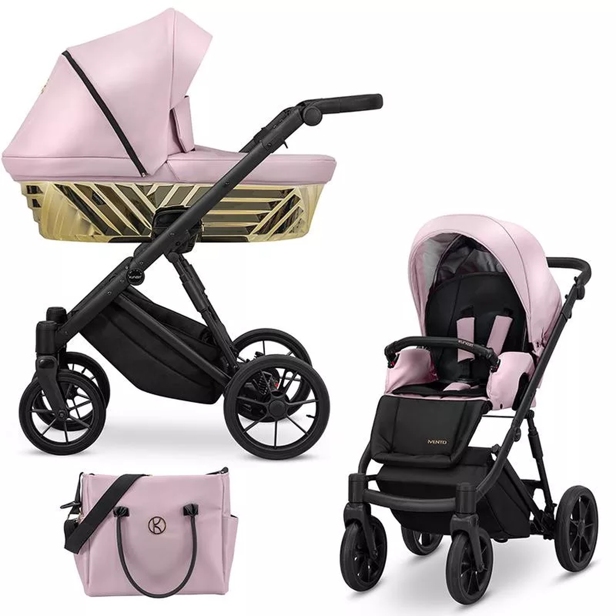 Ein rosa Kinderwagen mit Tragetasche, alles auf weißem Hintergrund.