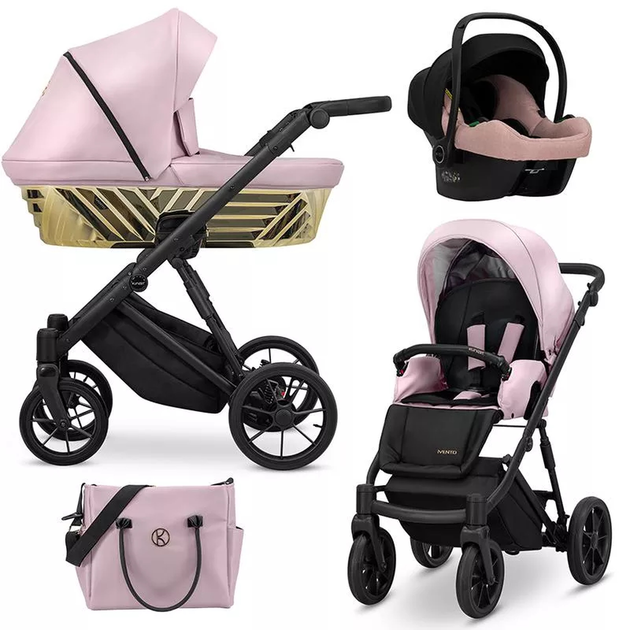 Ein rosa Kinderwagen, eine Babyschale und eine Wickeltasche.