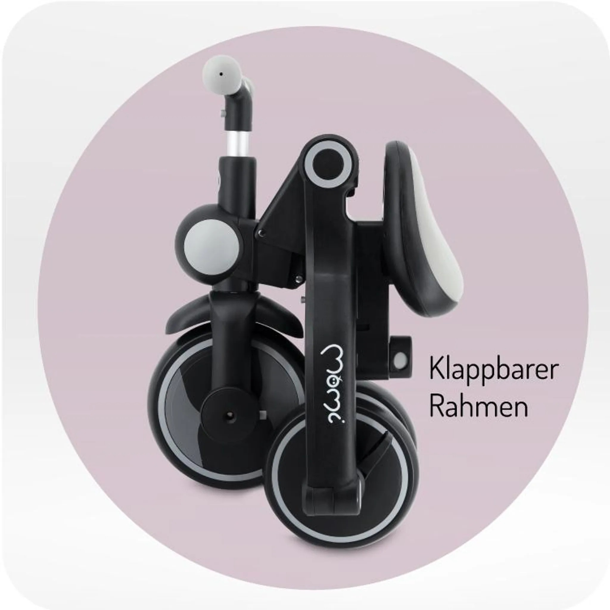 Ein zusammengeklapptes schwarzes Dreirad mit silbernen Akzenten und dem Schriftzug "Klappbarer Rahmen".