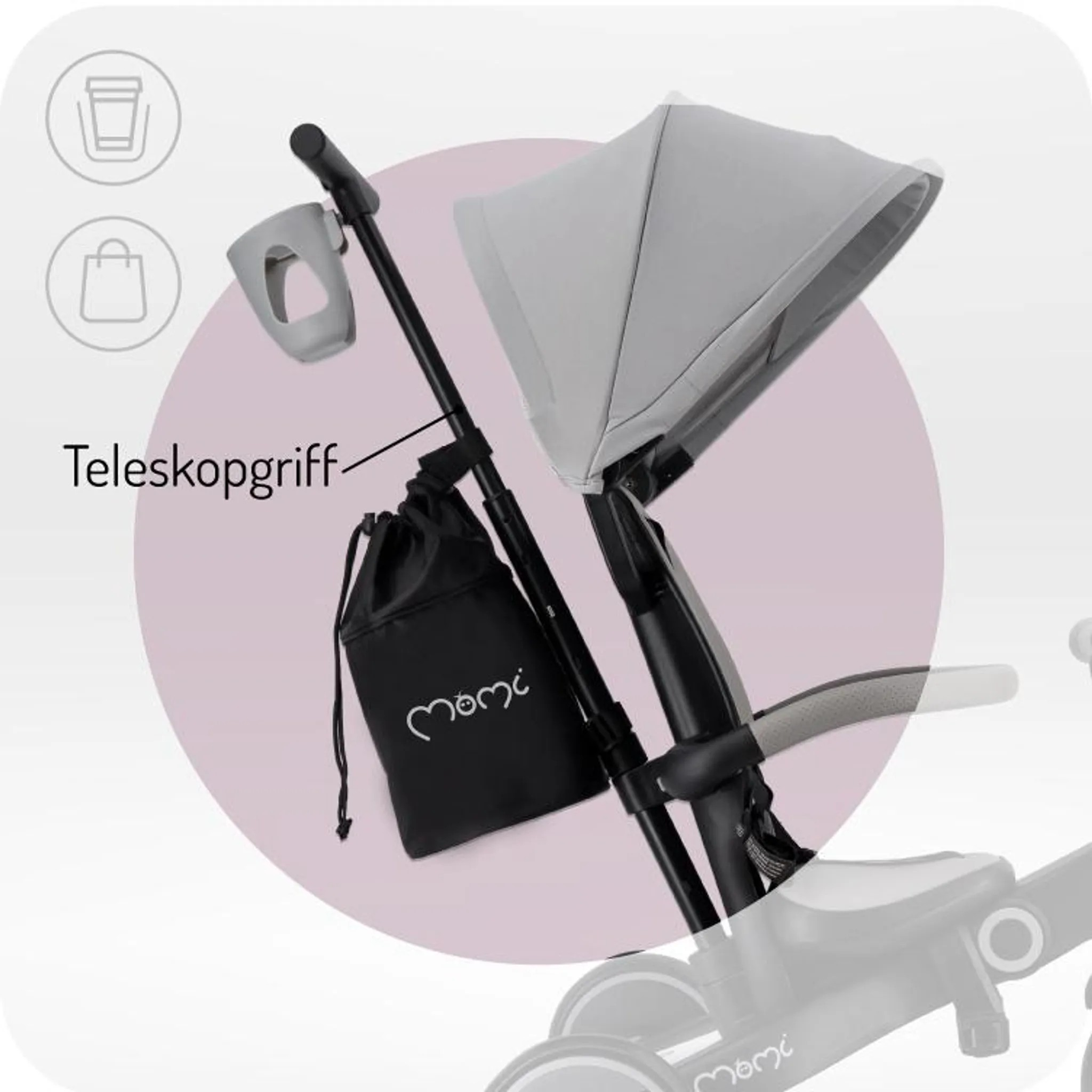 Grauer Kinderwagen mit Becherhalter, Tasche und Sonnendach.