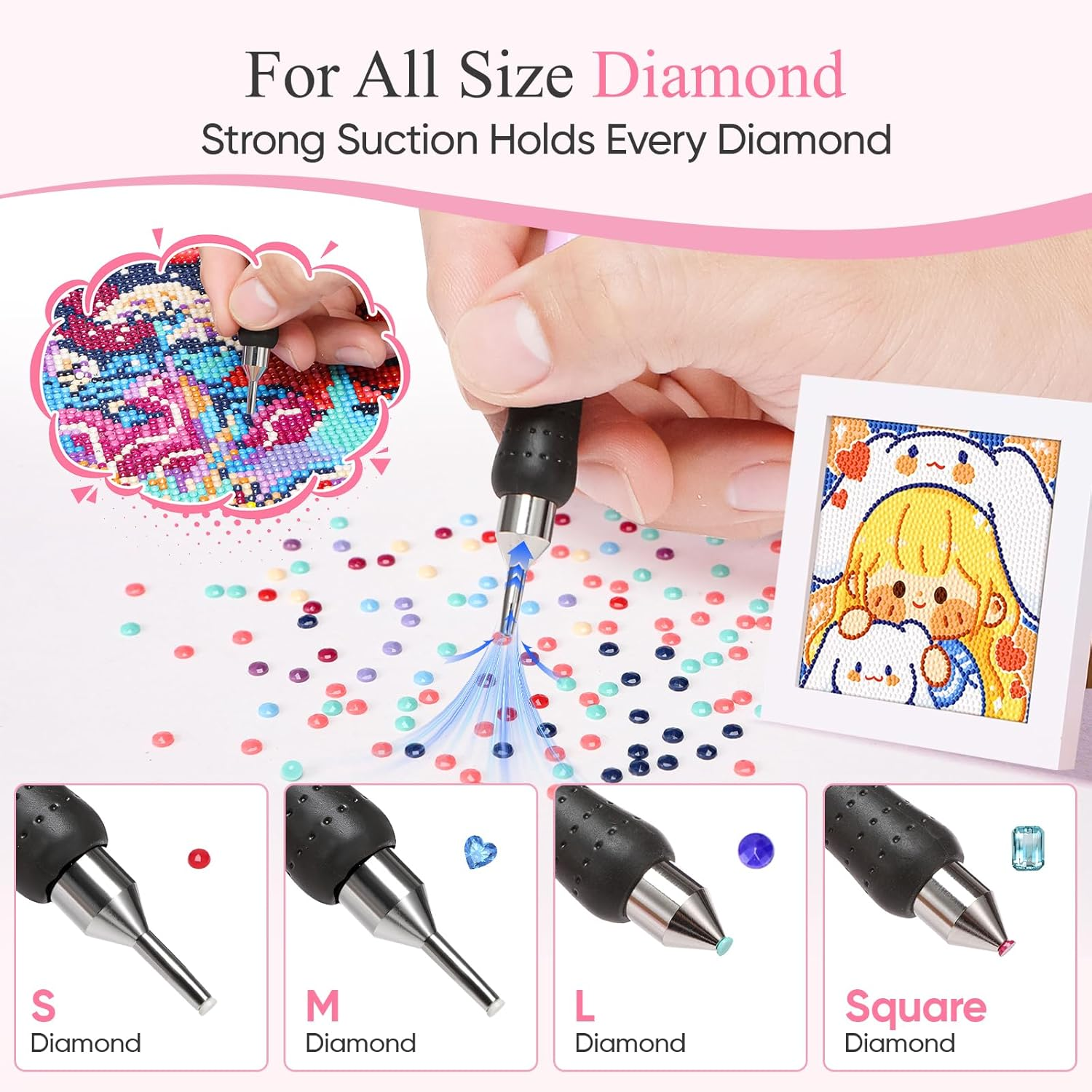 Diamant-Malerei-Werkzeug zeigt verschiedene Diamantgrößen und eine Hand, die einen Diamanten aufbringt.