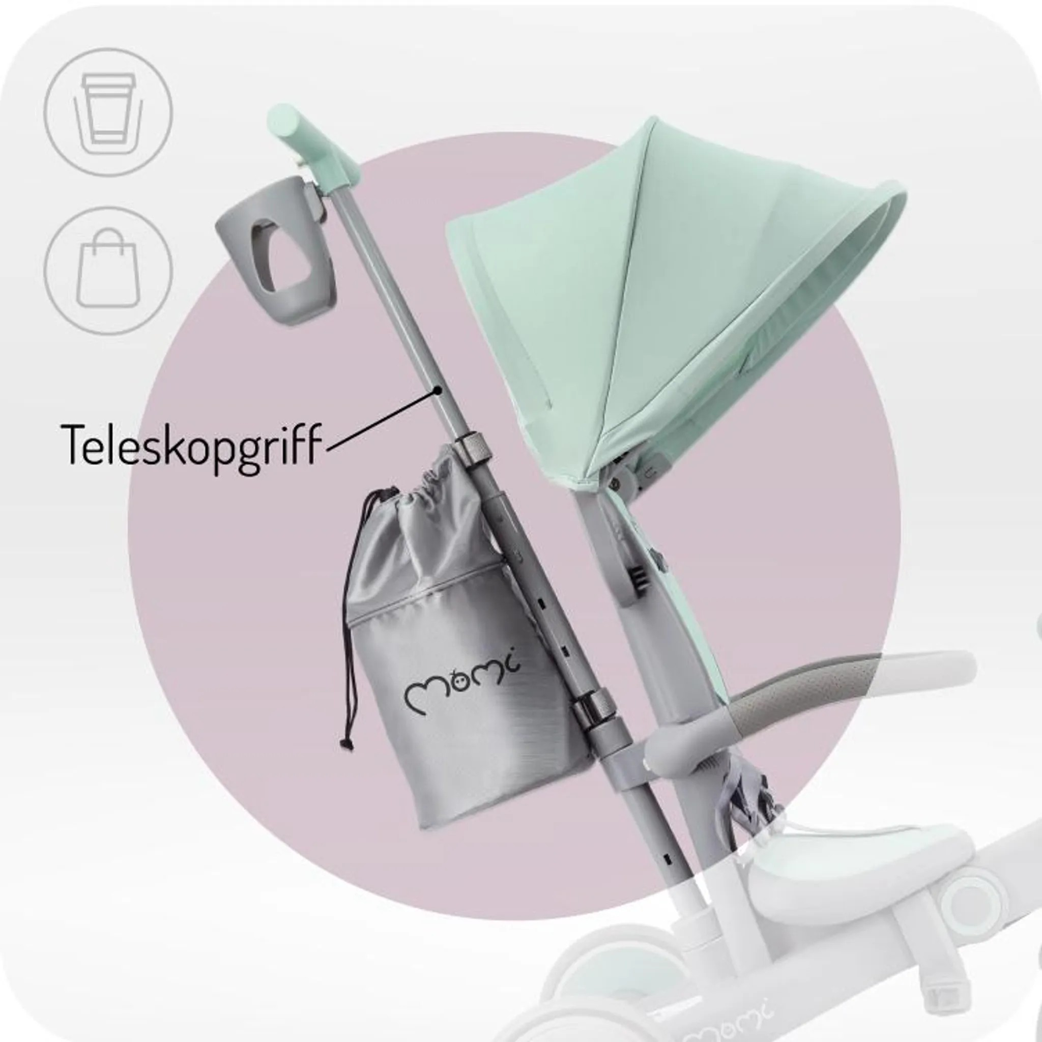 Ein Kinderwagen mit Teleskopgriff, Getränkehalter und Tasche.