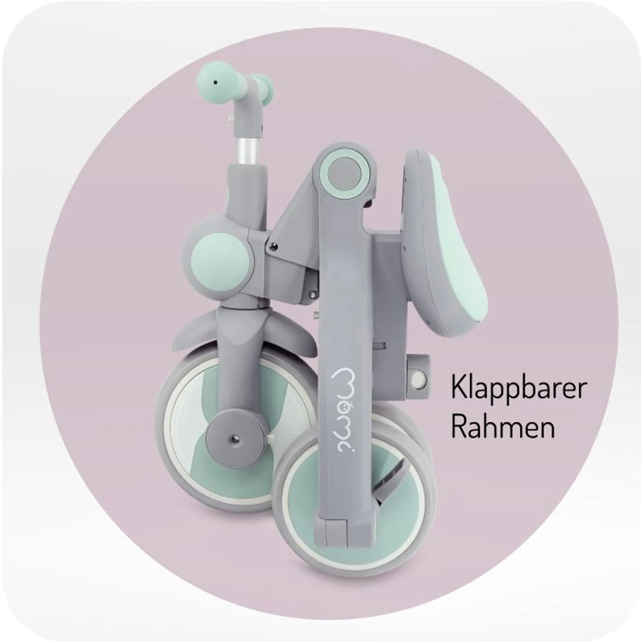 Graues und mintgrünes faltbares Dreirad mit Logo. Klappbarer Rahmen.