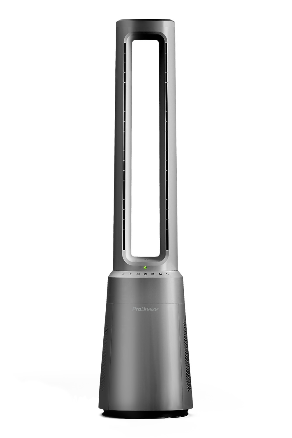 Grauer Turmventilator mit Fernbedienung und beleuchteten Tasten auf weißem Hintergrund.