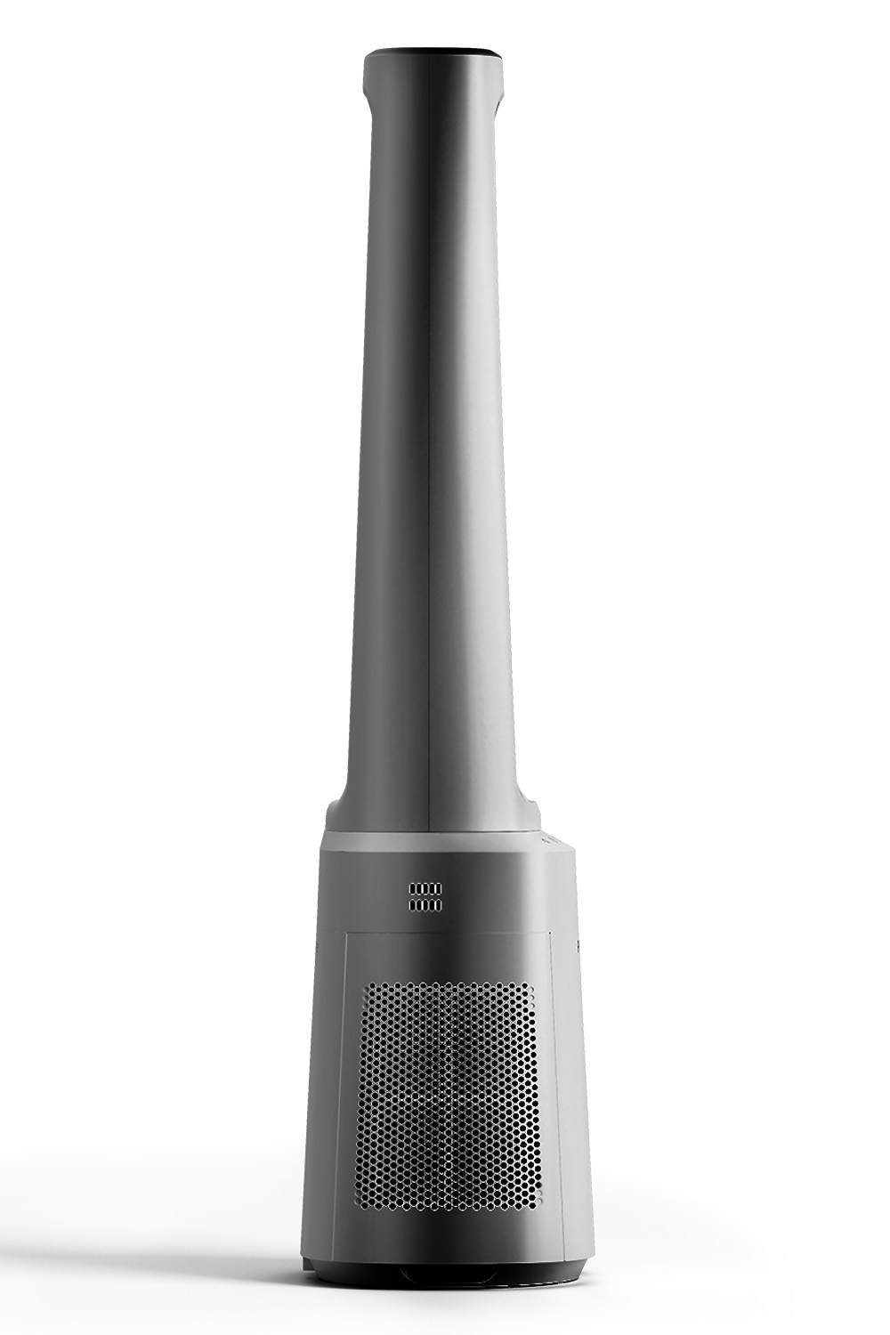 Ein schlanker, silberner Turmventilator mit einem breiten Sockel und Lüftungsgitter.