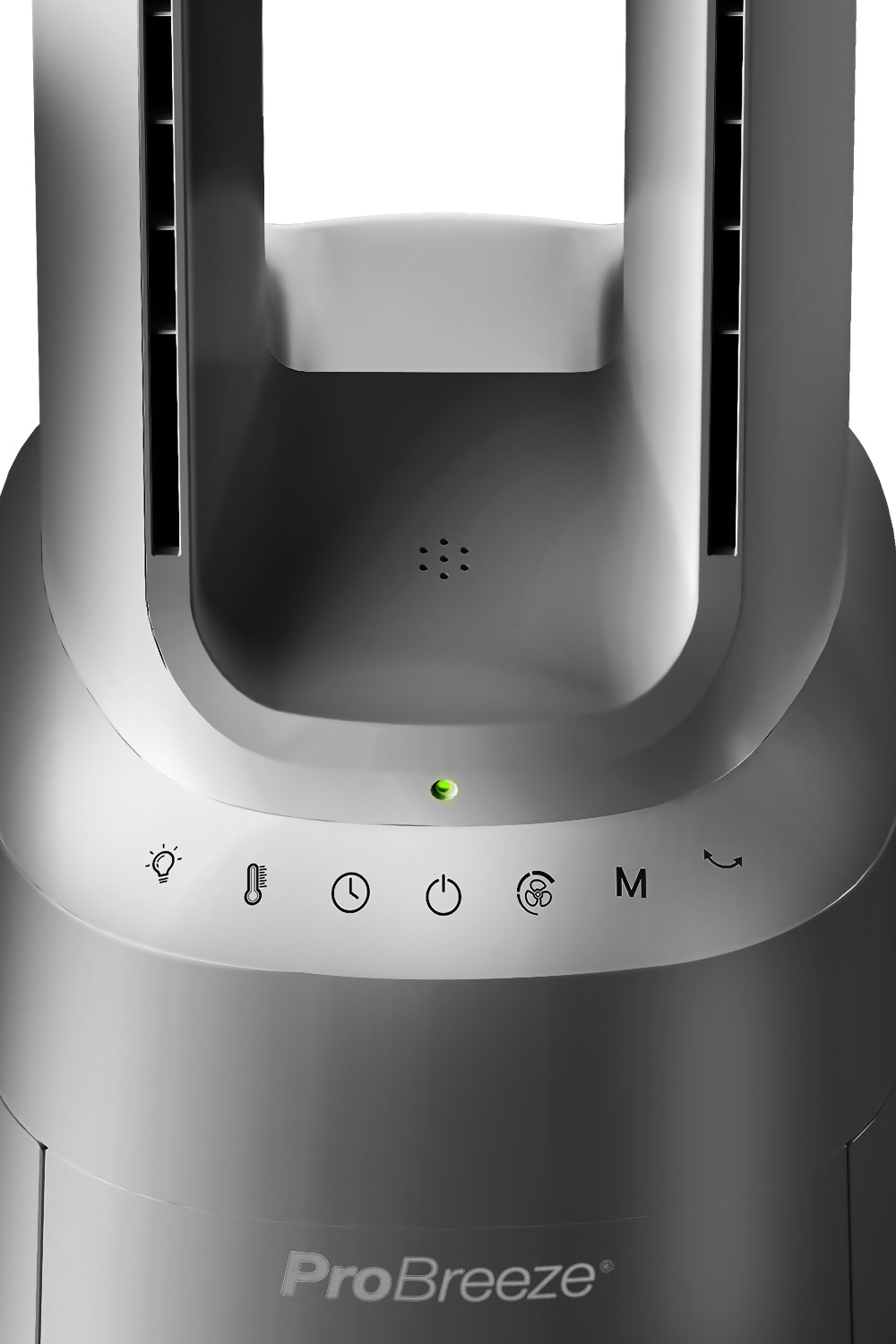 Silberner ProBreeze Lüfter mit Symbolen: Licht, Temp., Timer, Strom, Lüfter, Modus, Oszillation.