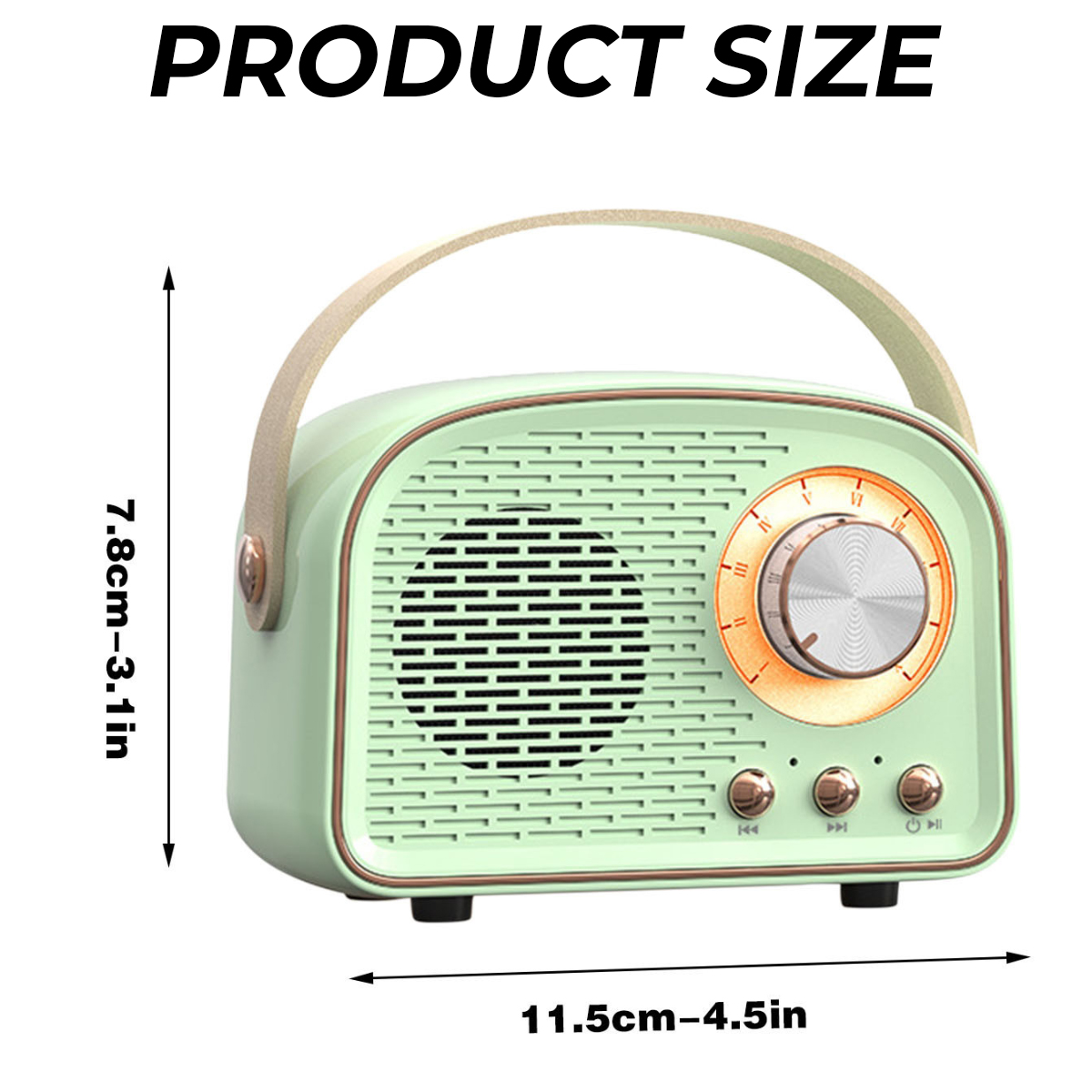 Ein hellgrünes Radio mit Tragegriff. Maße: 11,5 cm x 7,8 cm.