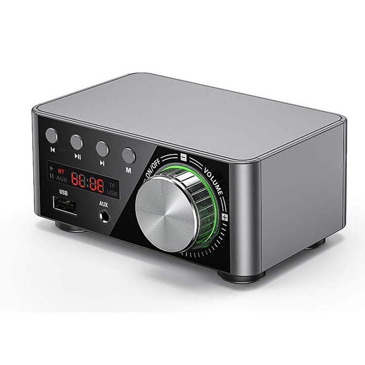 Grauer Audioplayer mit digitaler Anzeige, Lautstärkeregler und Tasten.