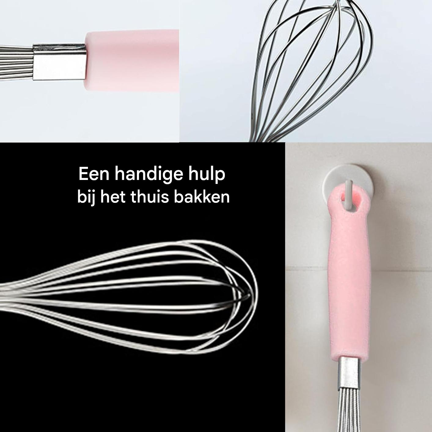 Ein rosa Handgriff-Schneebesen mit Metallschlingen, der an einem Haken hängt.
