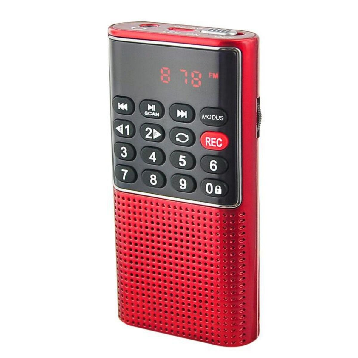 Ein roter digitaler Radiorekorder mit Tasten und einem Bildschirm.