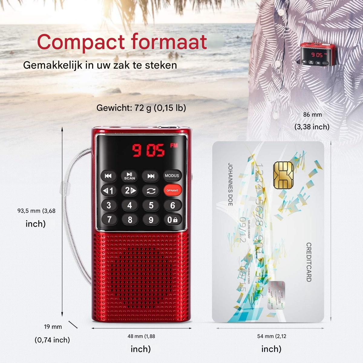 Ein rotes Radio, kleiner als eine Kreditkarte, mit Maßen und Gewicht.
