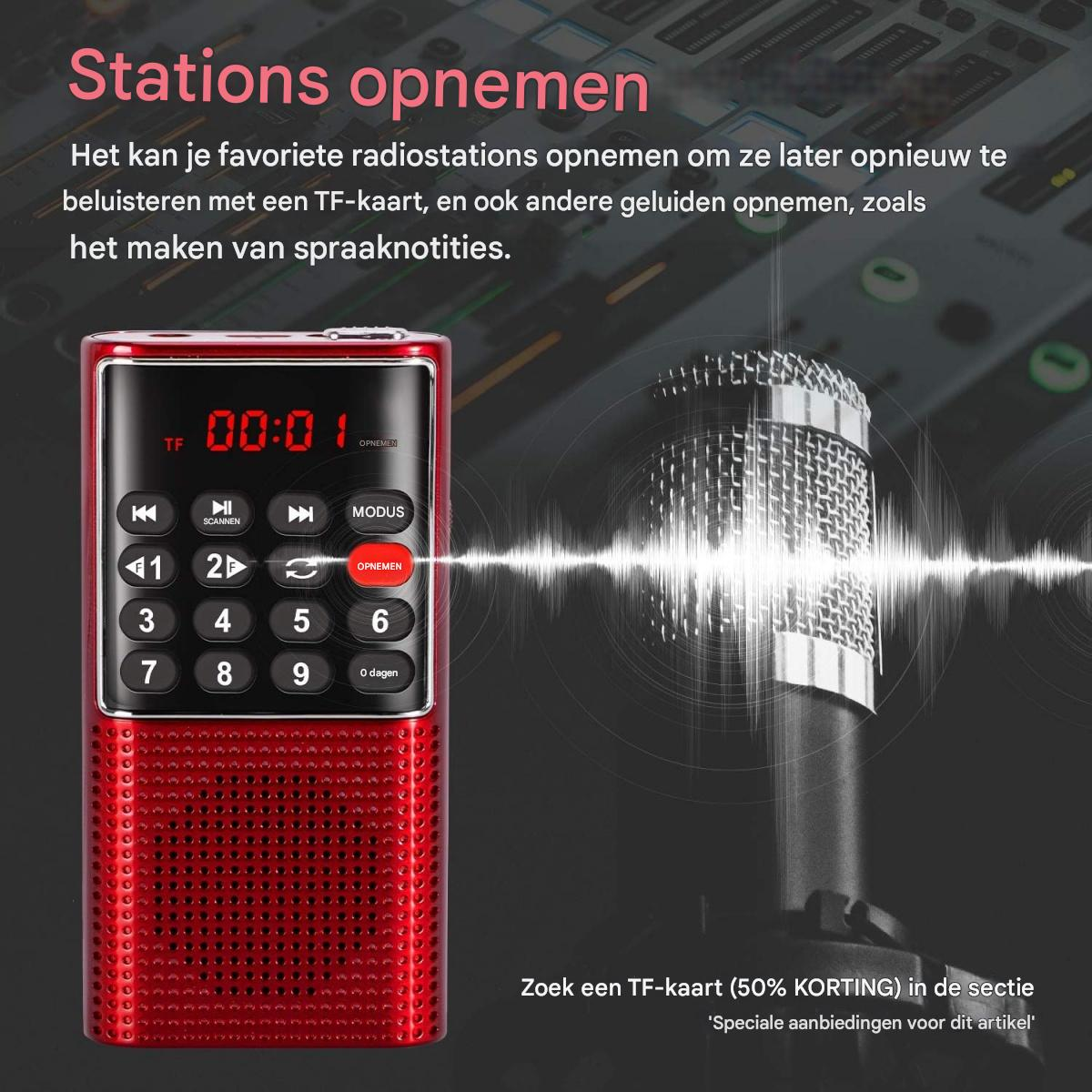 Rotes Radio mit Mikrofon und Wellenform. Zeigt Aufnahmefunktion.