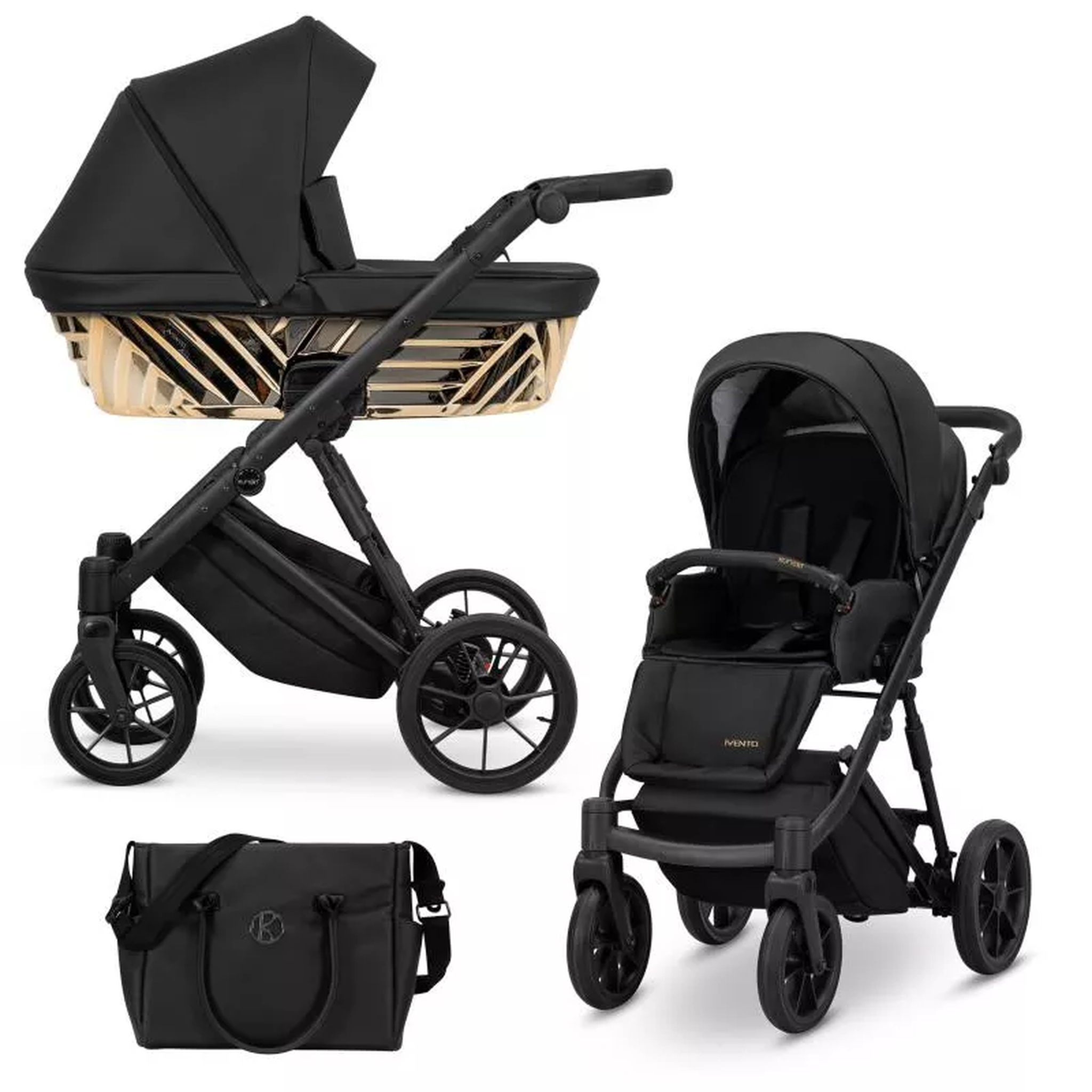 Ein schwarzer Kinderwagen mit goldener Gondel, ein zweiter schwarzer Kinderwagen und eine Wickeltasche.