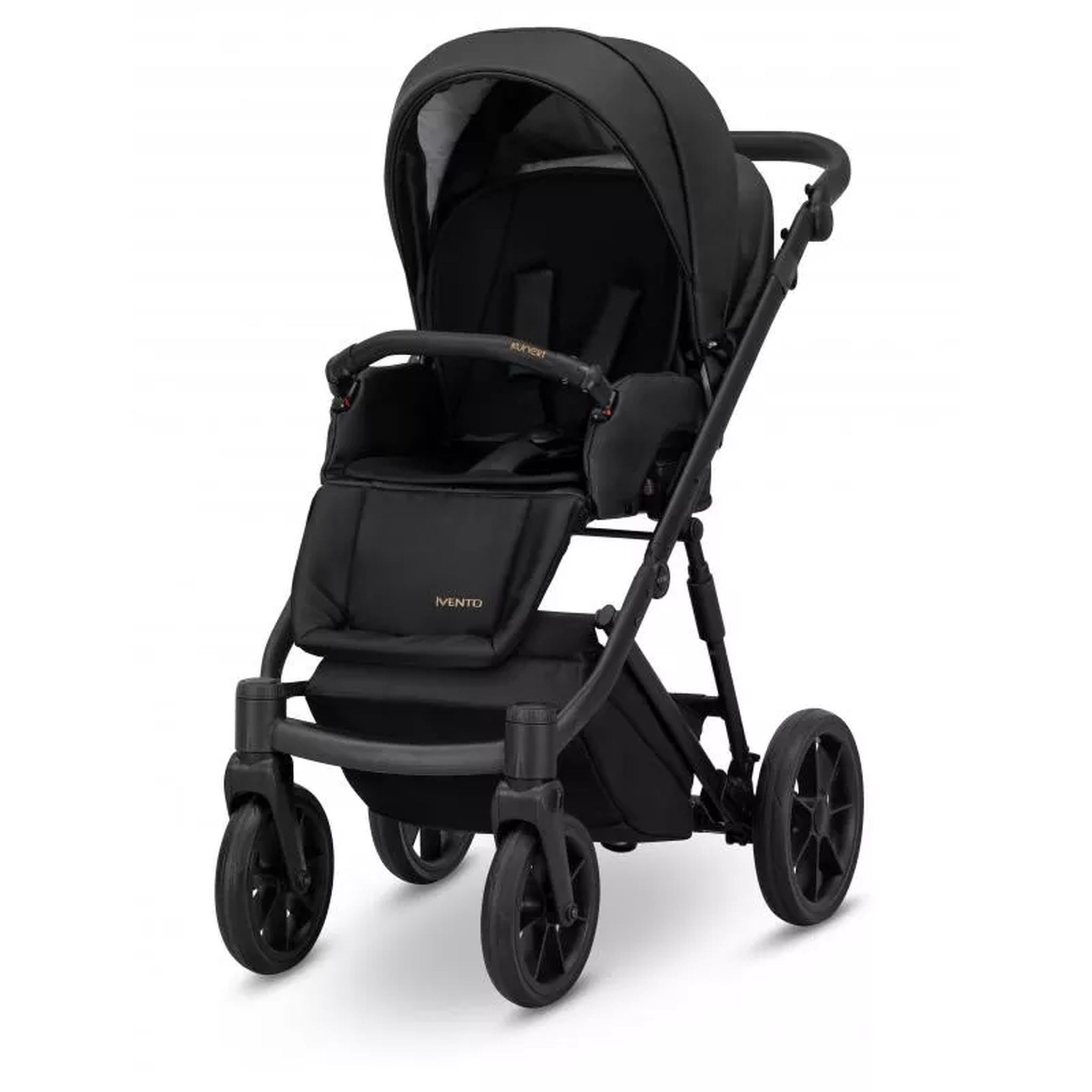 Ein schwarzer Kinderwagen mit Vorderradfederung und verstellbarem Griff.