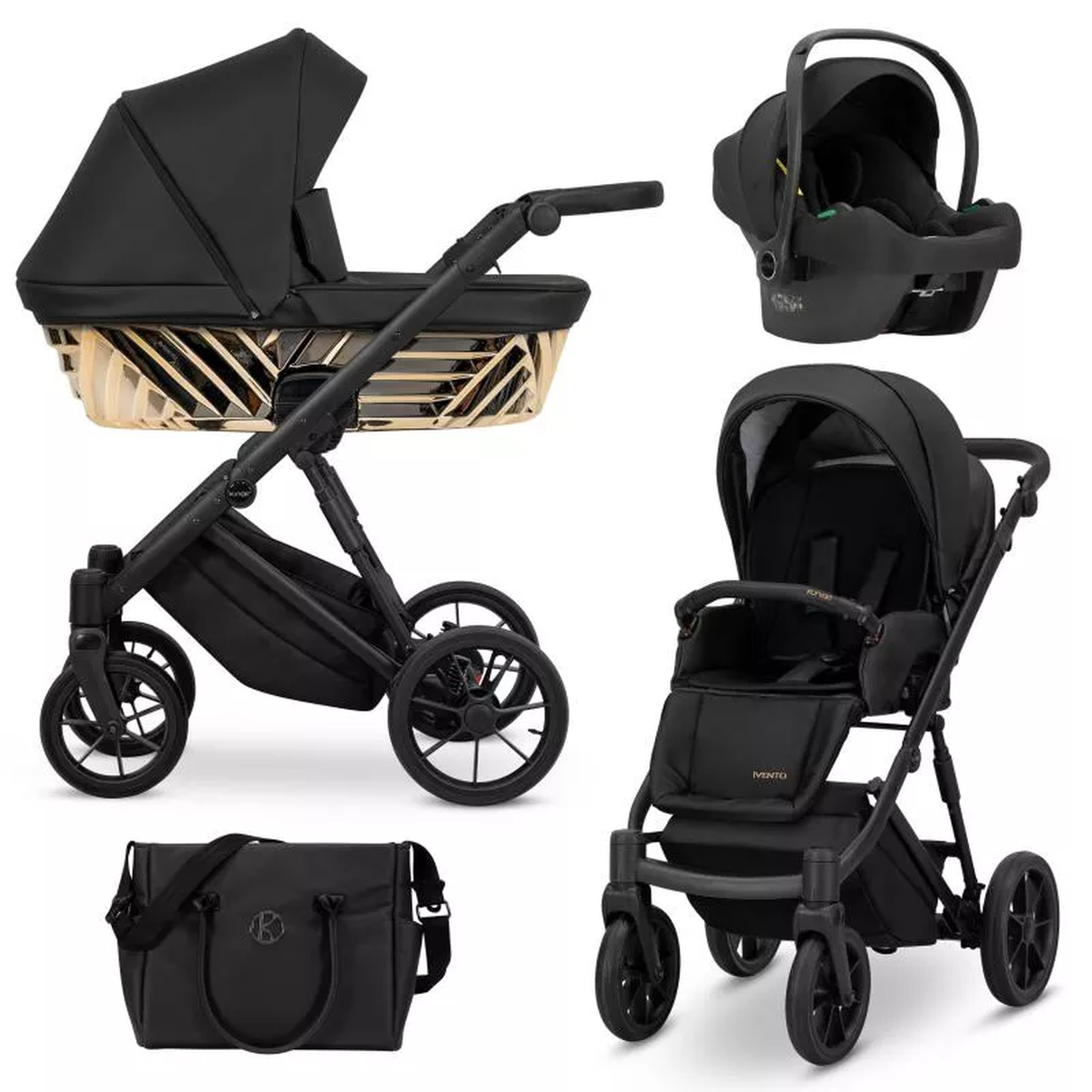 Schwarzes Reisesystem für Babys: Liegewanne, Autositz, Kinderwagen, Wickeltasche.