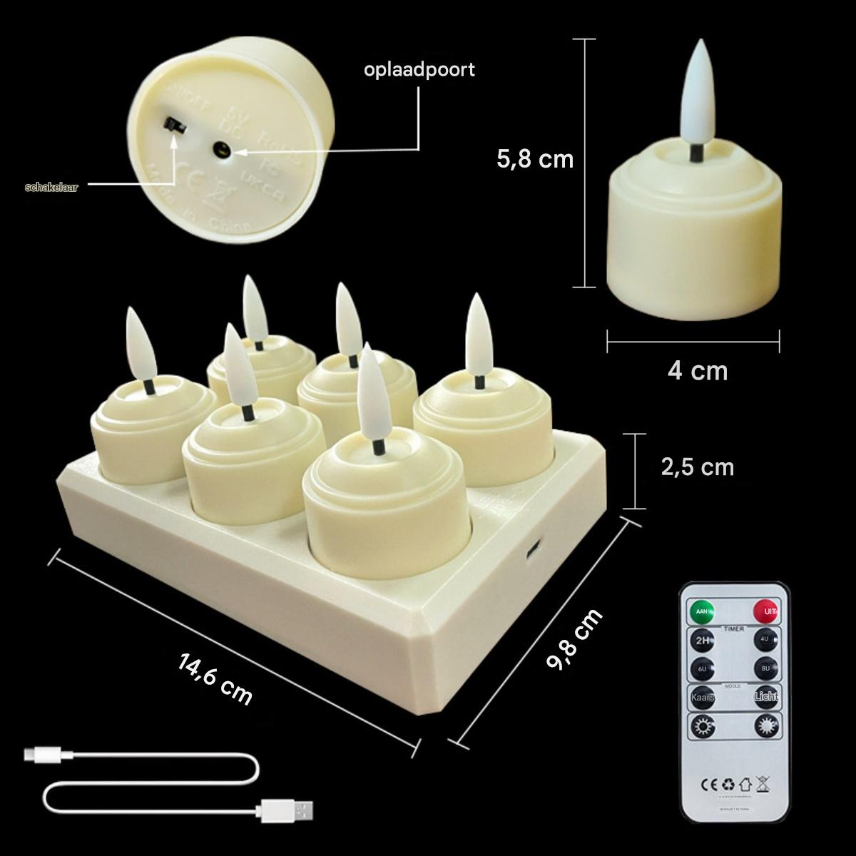 Ein Set von sechs cremefarbenen LED-Teelichtern auf einer Ladestation, mit Fernbedienung und USB-Kabel.