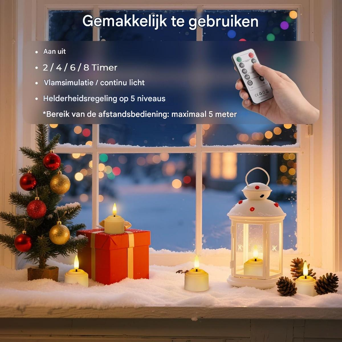 Weihnachtsdekoration auf einem Fensterbrett mit Lichtern, Geschenken und einem Baum.