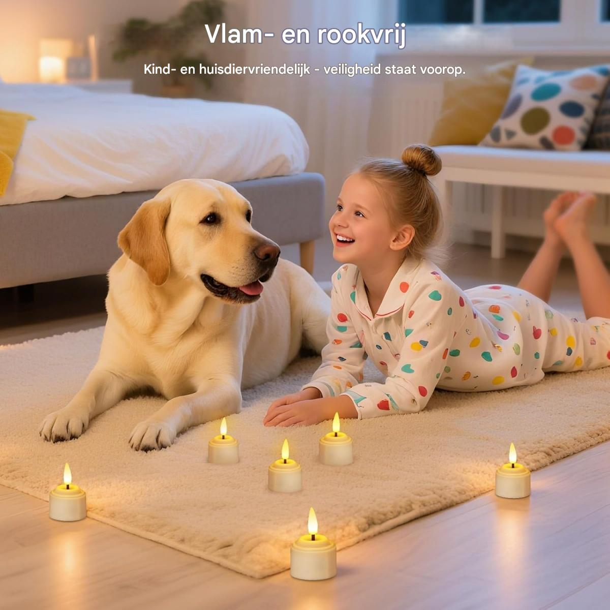 Ein Hund und ein Mädchen liegen auf einem Teppich mit Kerzen. Flammenlose Kerzen.