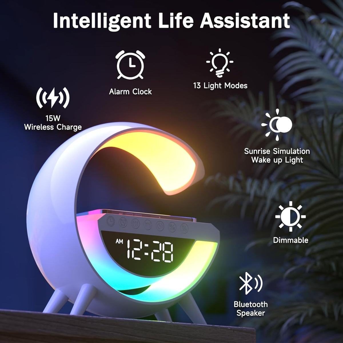 Ein Nachttischlicht mit Weckfunktion, kabellosem Laden und Bluetooth-Lautsprecher.