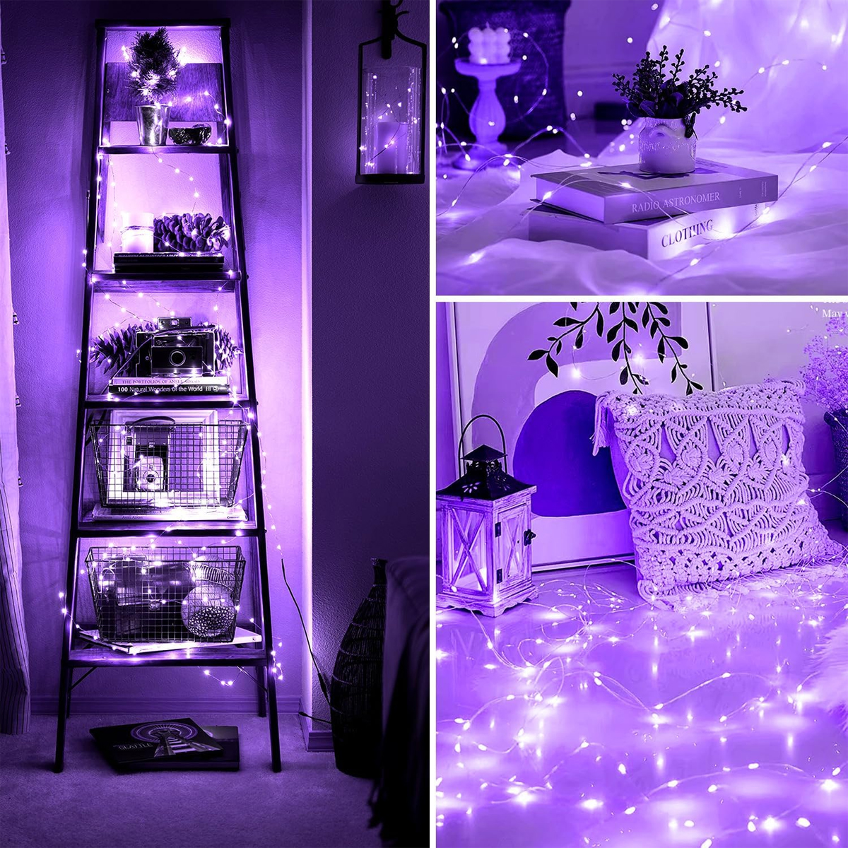 Ein Regal mit violetten Lichtern, Bücher, Kameras und Körben.