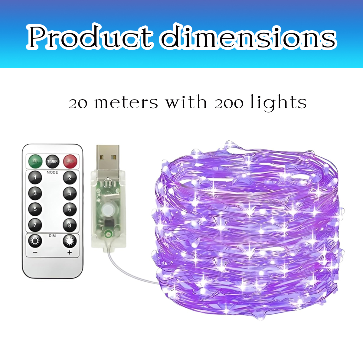 20m Lichterkette mit 200 Lichtern, USB-Stecker und Fernbedienung.