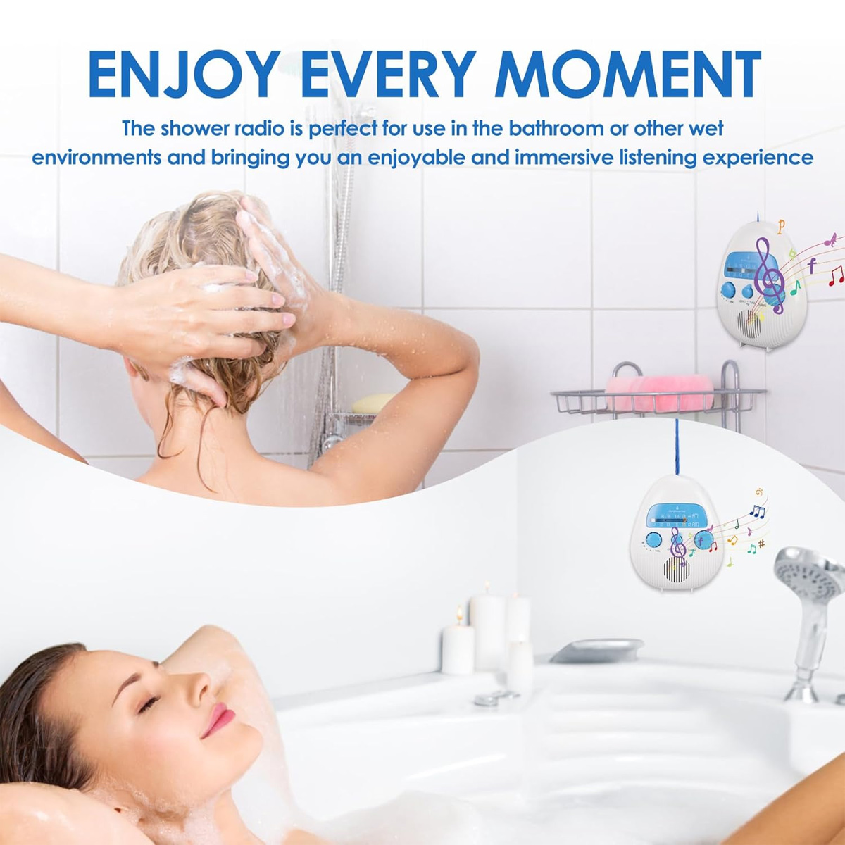 Eine Frau wäscht sich die Haare, eine andere entspannt sich in der Badewanne. Ein Duschradio ist zu sehen.