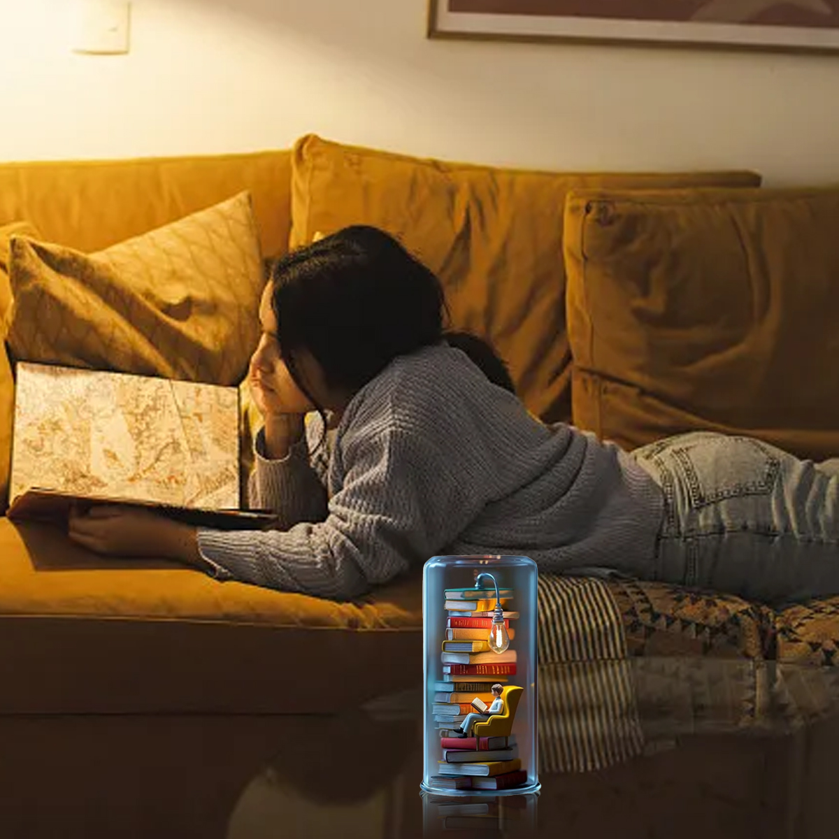 Eine Person liegt auf einem Sofa und liest. Daneben ein Glas mit Büchern und einer Lampe.