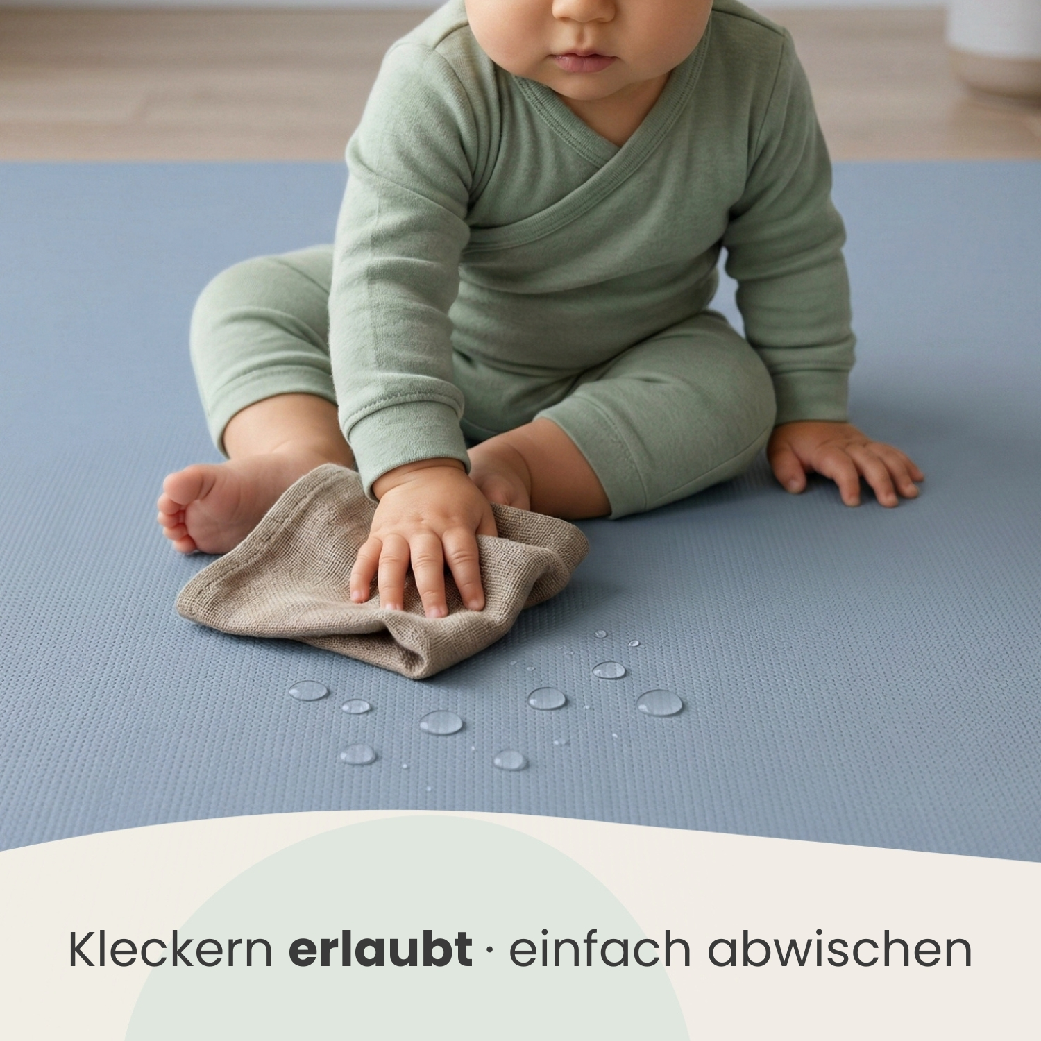 Ein Baby in grünem Strampler wischt mit einem Tuch über eine blaue Matte.