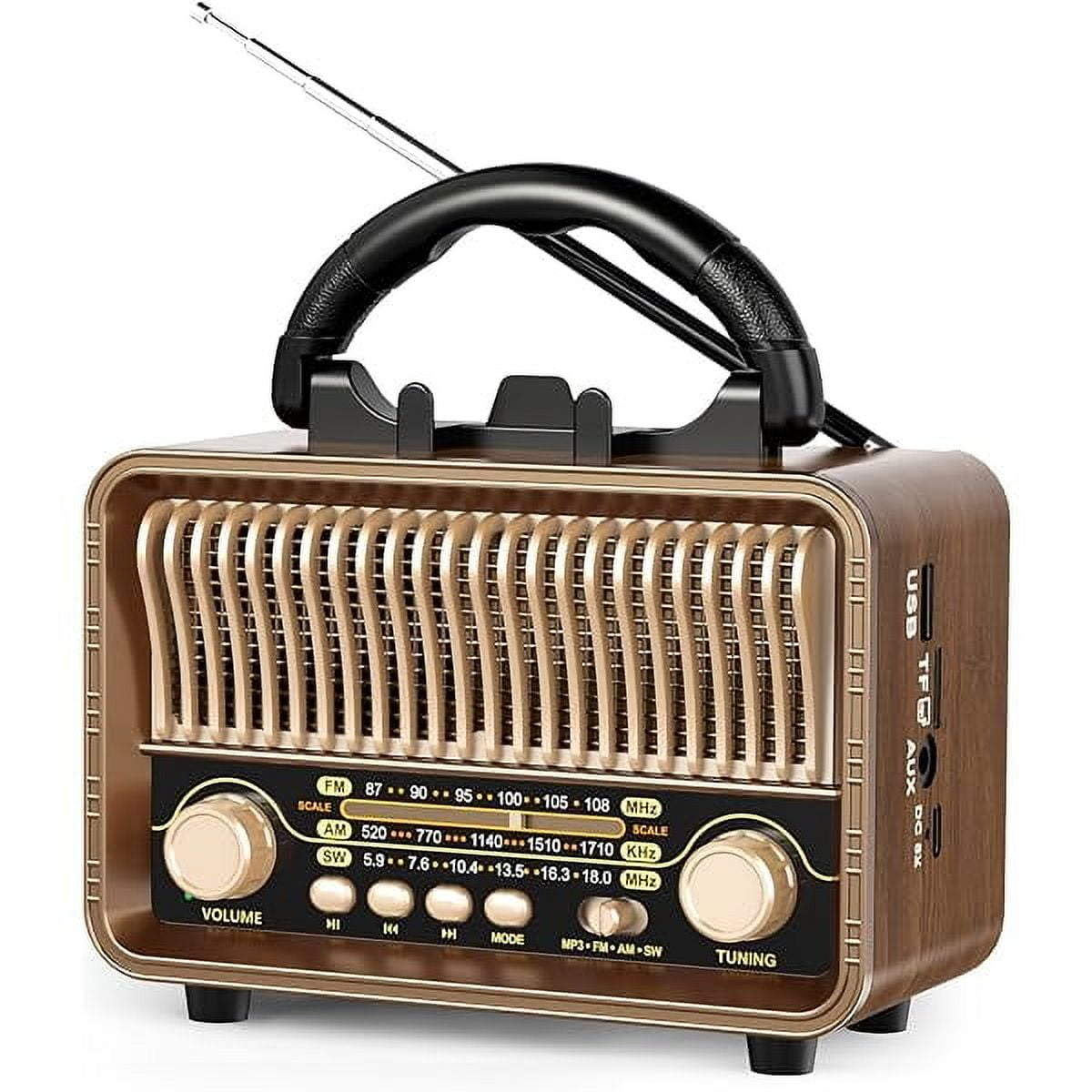 Tragbares Radio im Vintage-Stil mit Holzoberfläche, schwarzem Griff, Antenne und diversen Reglern.