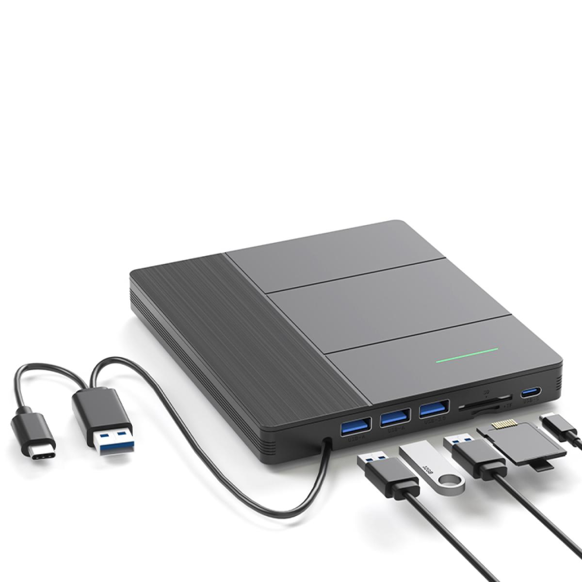 Schwarzer USB-C-Hub mit mehreren Anschlüssen, darunter USB-A, SD-Karte und USB-C.