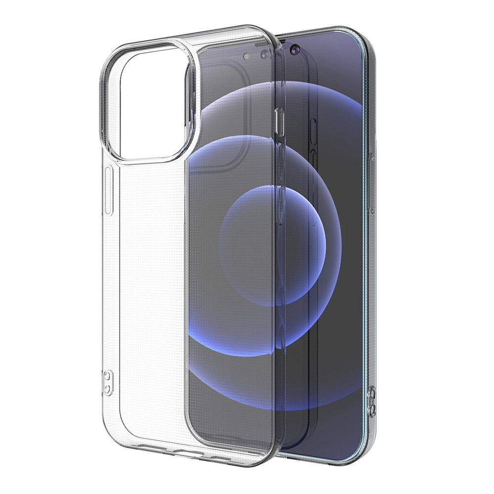 Transparente Handyhülle über einem Smartphone mit kreisförmigem Hintergrund.