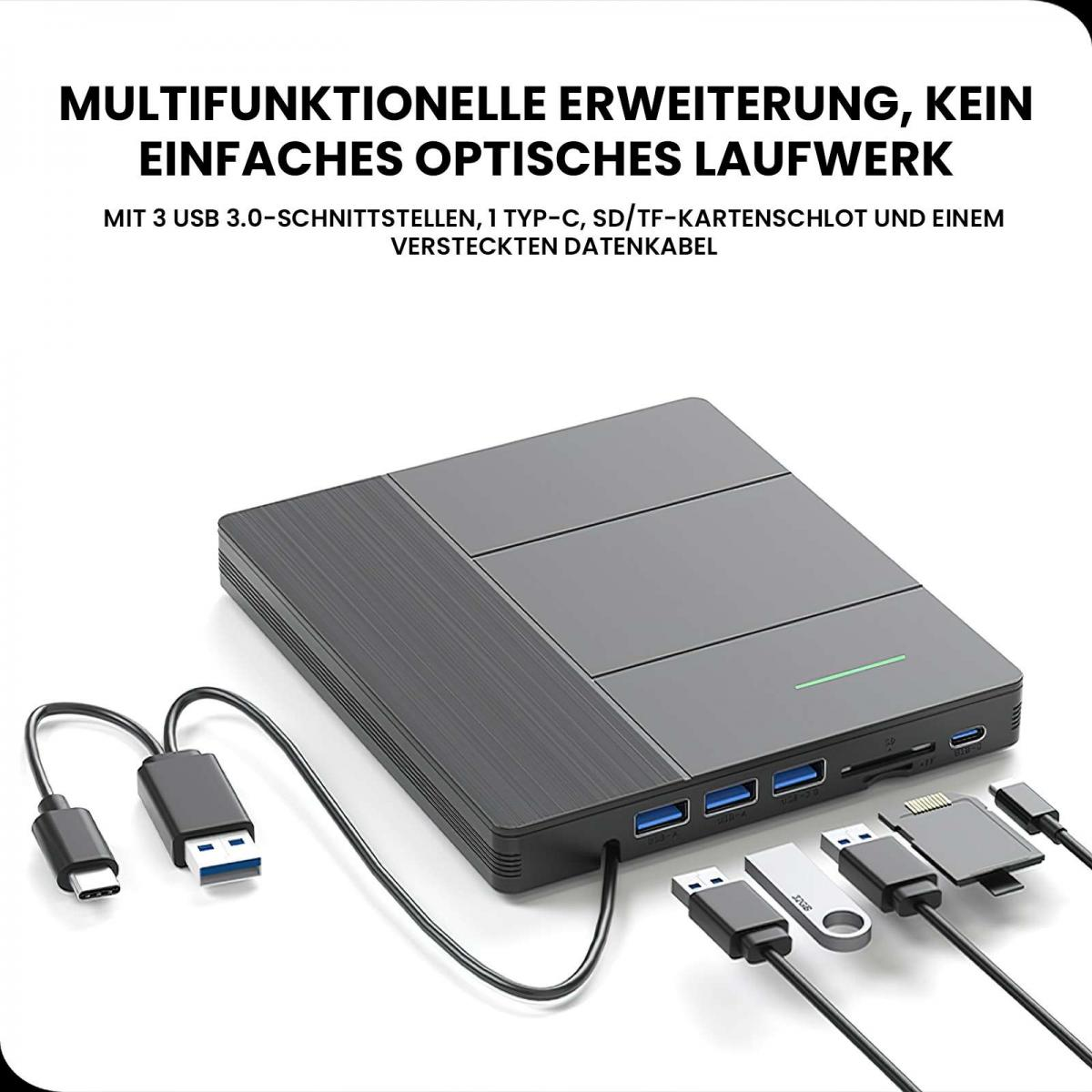 Grauer Multifunktions-USB-Hub mit mehreren Anschlüssen und angeschlossenen Geräten.