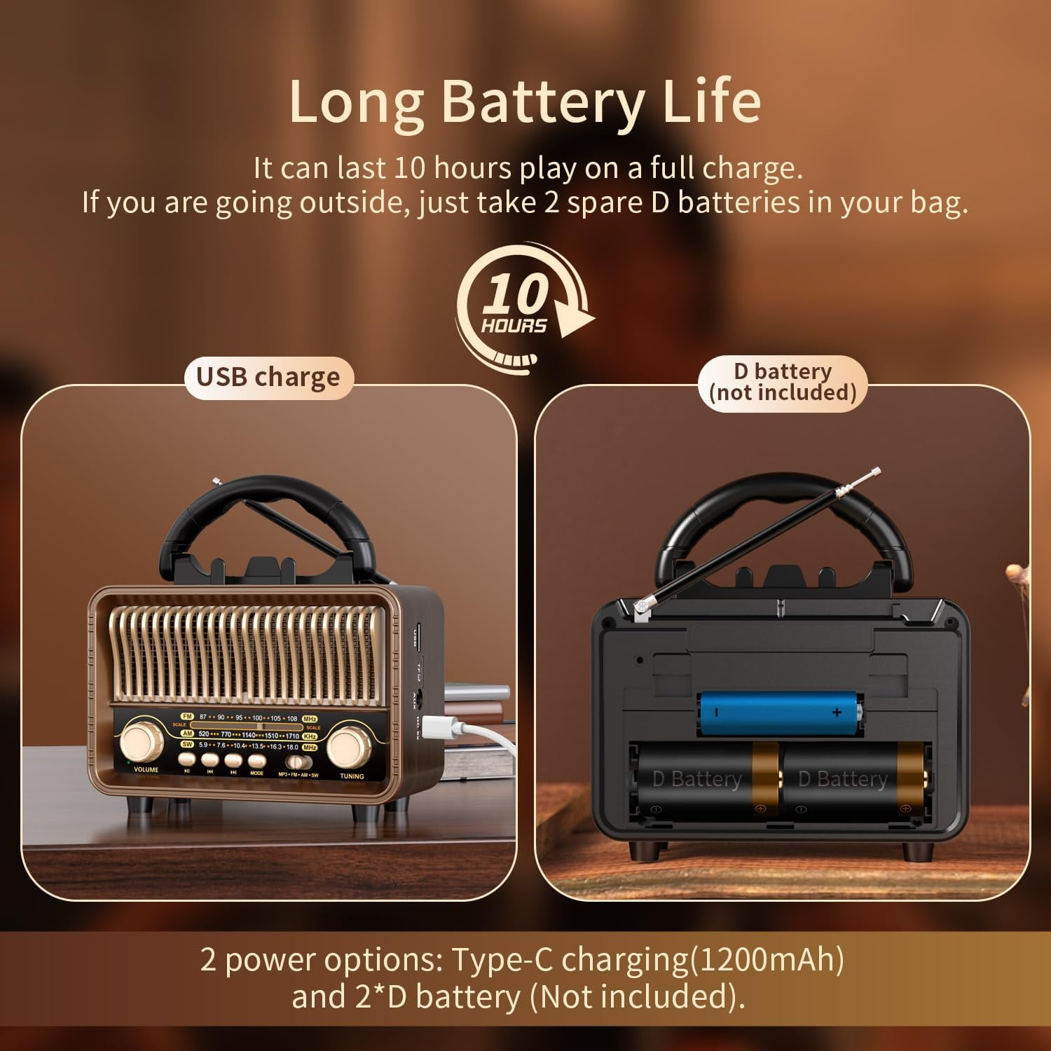 Ein Radio mit USB-Ladeanschluss und Batteriefach für D-Batterien.
