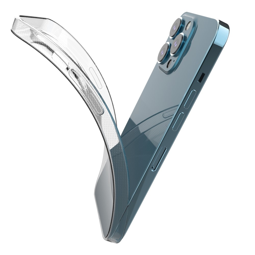 Ein durchsichtiges Handyhülle neben einem blauen Smartphone.