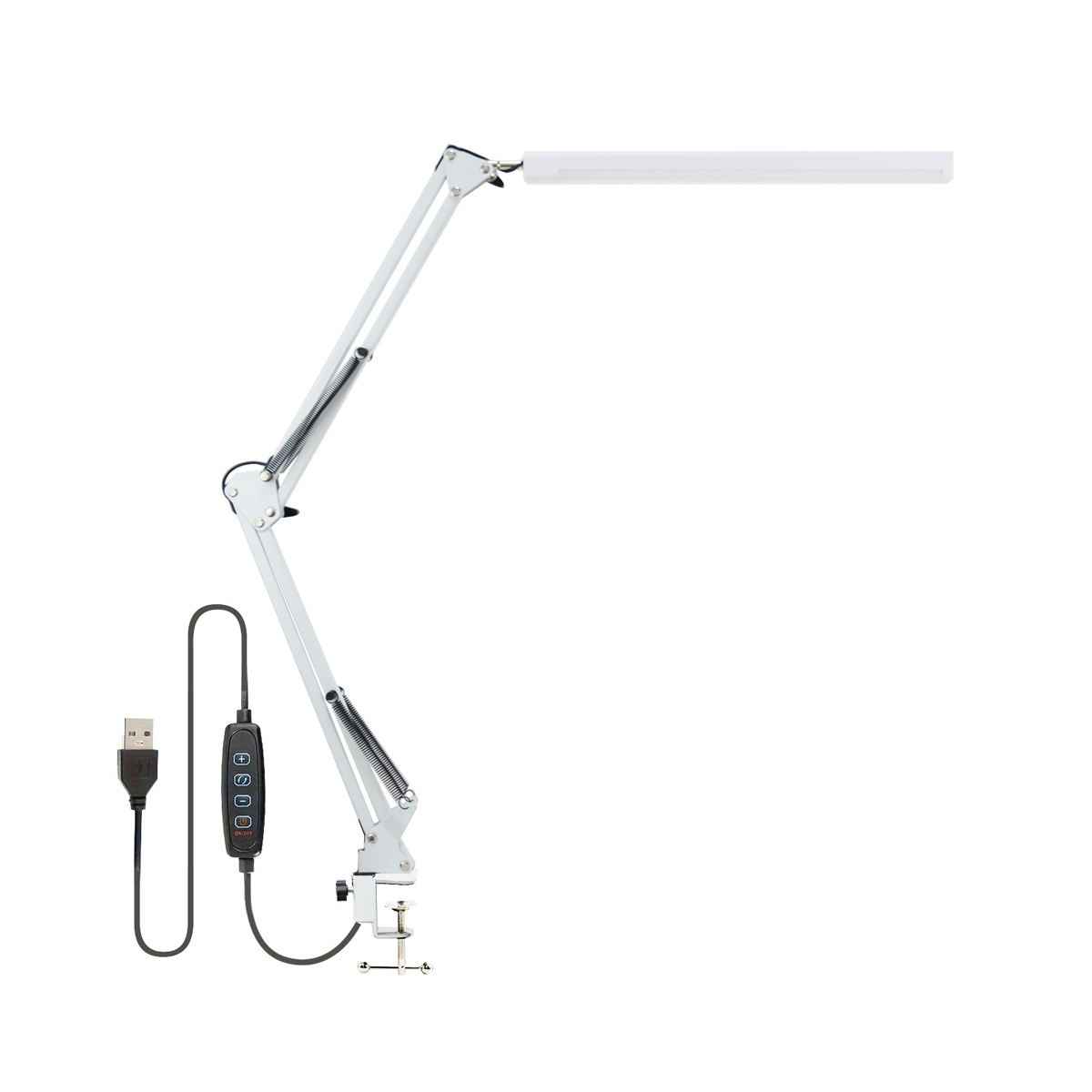 Eine weiße Schreibtischlampe mit USB-Anschluss und verstellbarem Arm.