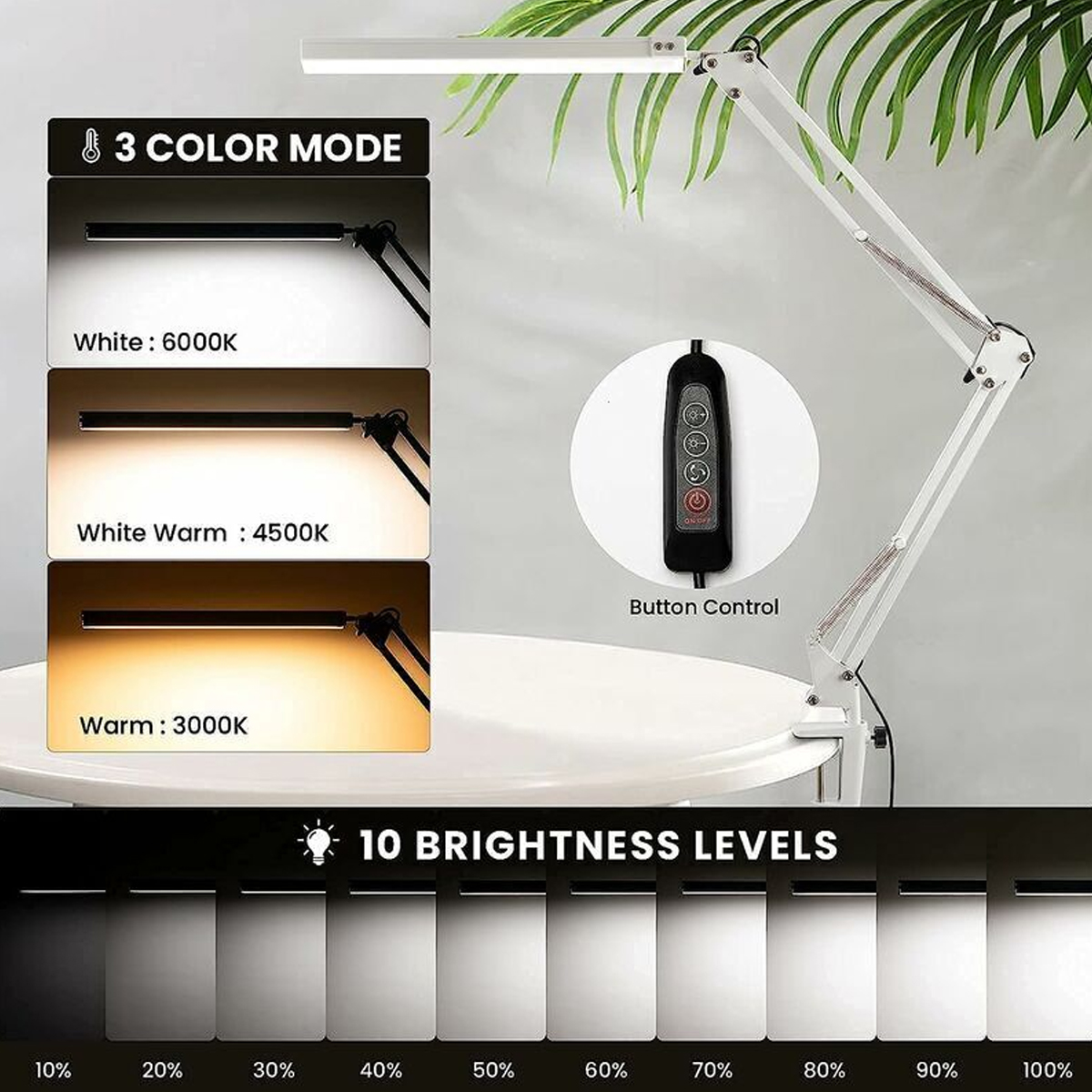Schreibtischlampe mit 3 Farbmodi und 10 Helligkeitsstufen. Zeigt Knopfsteuerung.