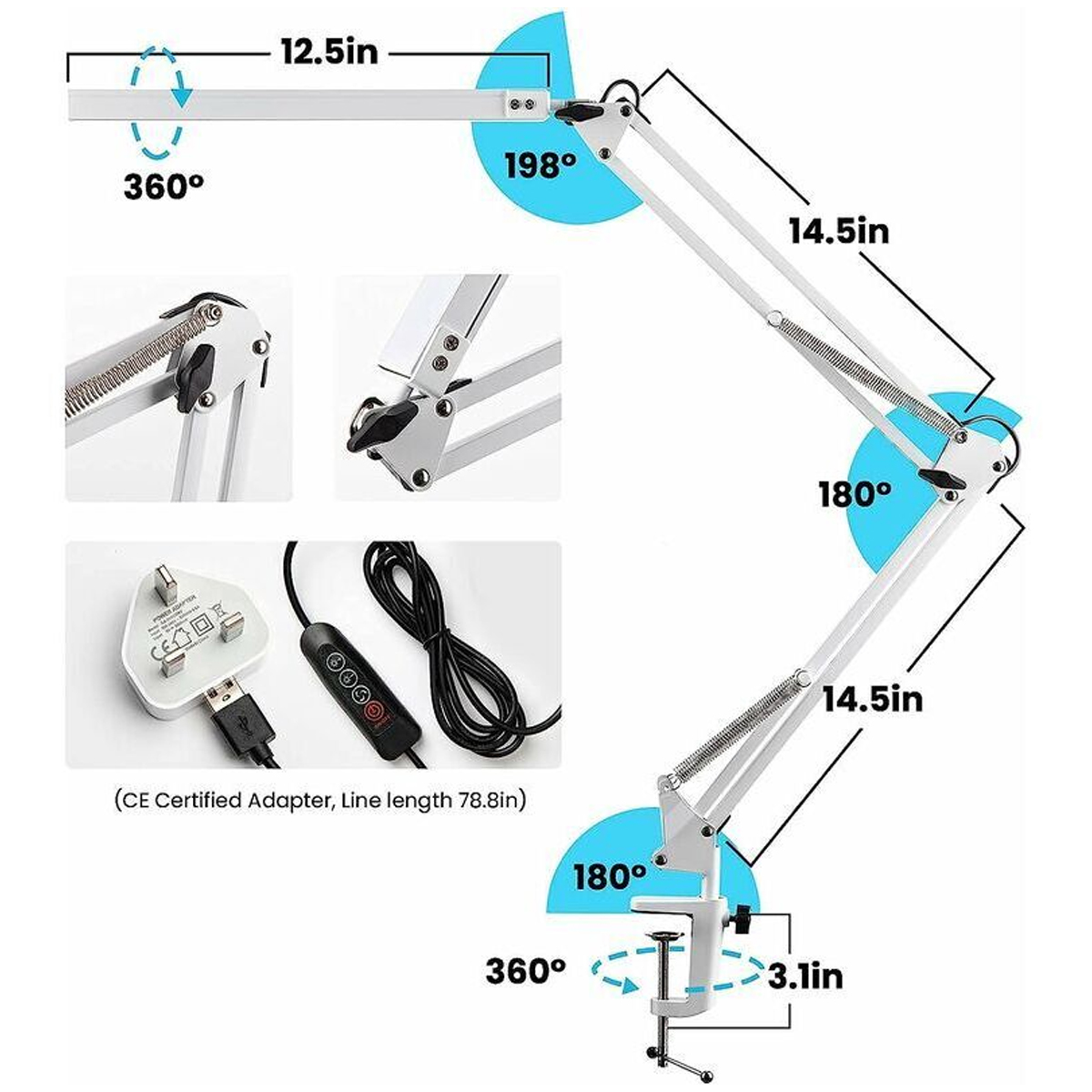Weiße, verstellbare Schreibtischlampe mit Klemme, zeigt Maße und Drehwinkel.