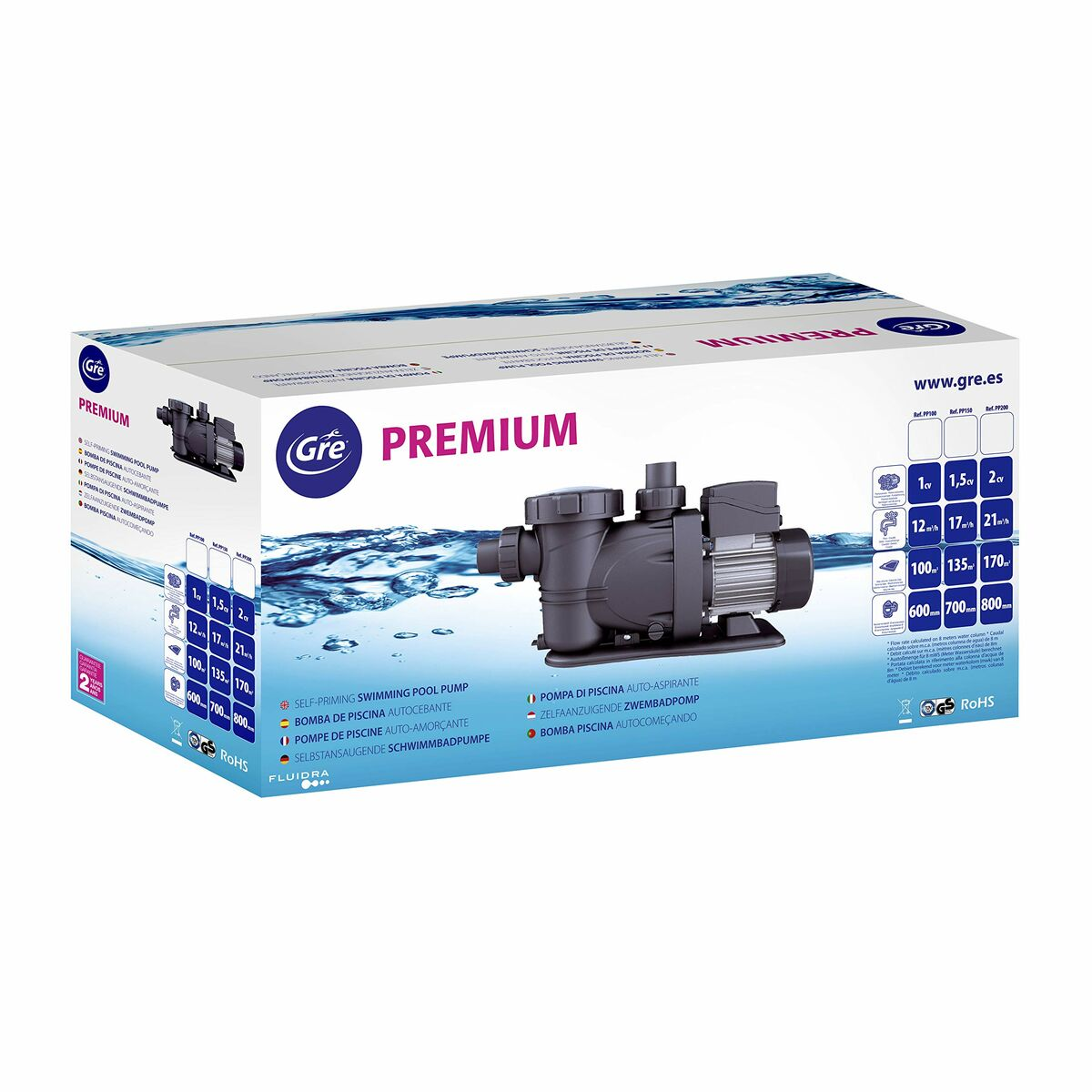 Confezione di una pompa per piscina grigia con logo "Gre PREMIUM" e dati tecnici.