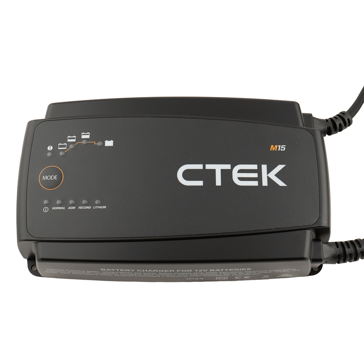 Schwarzes CTEK M15 Ladegerät für 12V Batterien mit Ladeanzeigen.