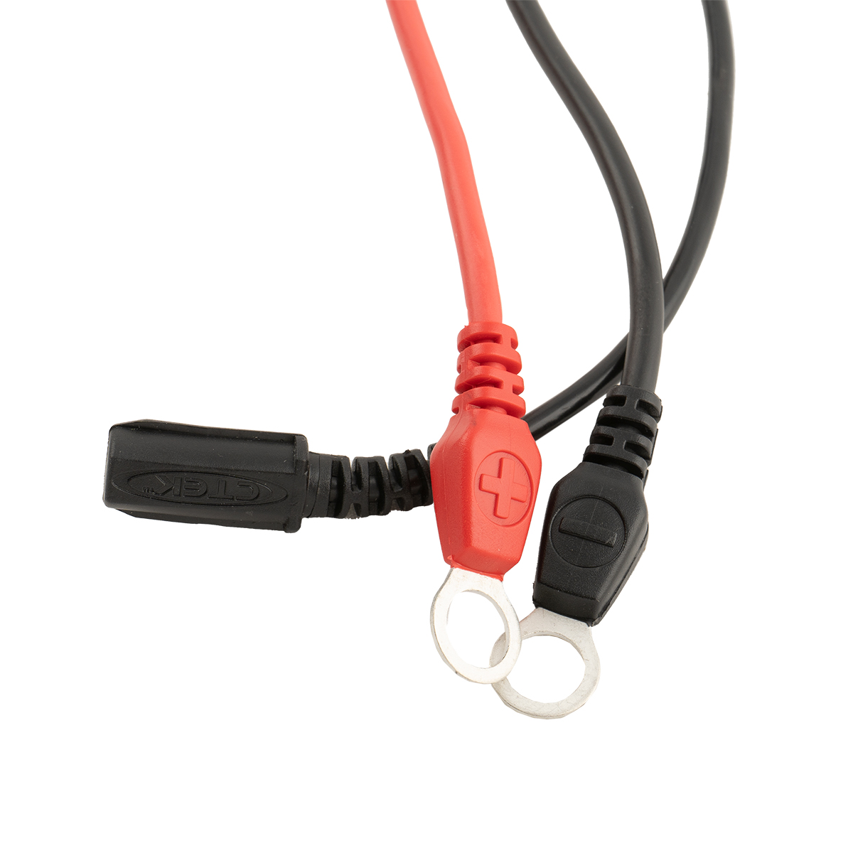 Nahaufnahme von roten und schwarzen Batteriekabeln mit Ringklemmen und Steckern.
