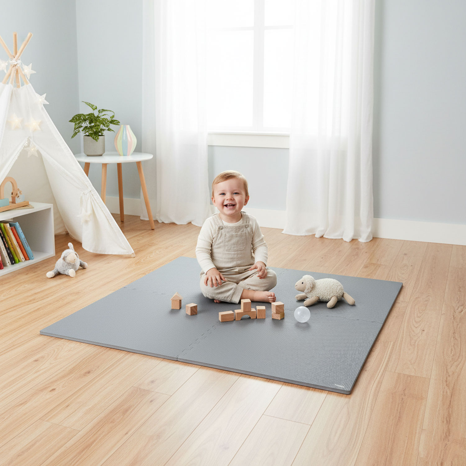 Ein Baby sitzt auf einer grauen Matte mit Holzklötzen und Spielzeug.
