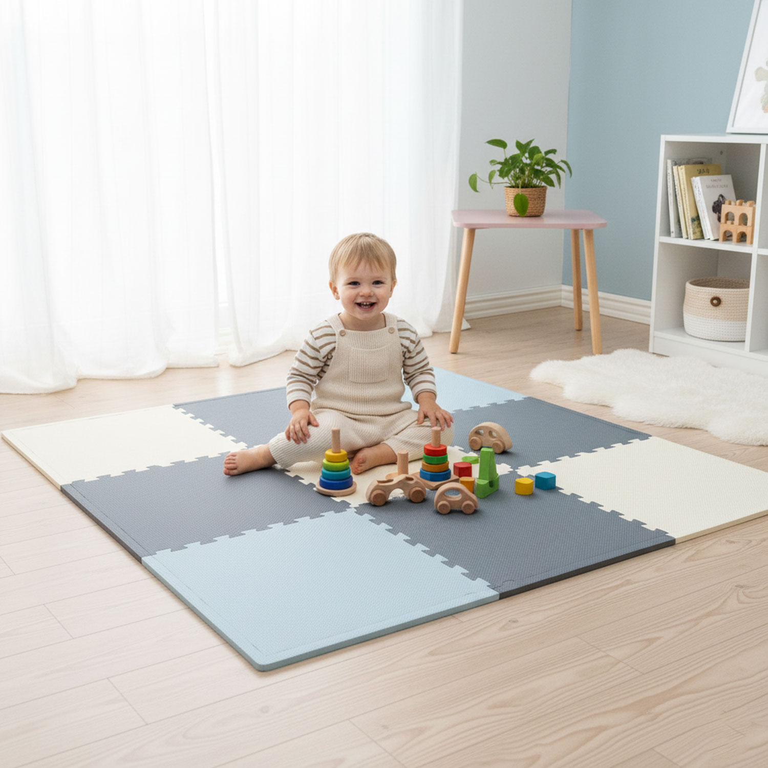 Ein Baby sitzt auf einer bunten Spielmatte mit Holzspielzeug.