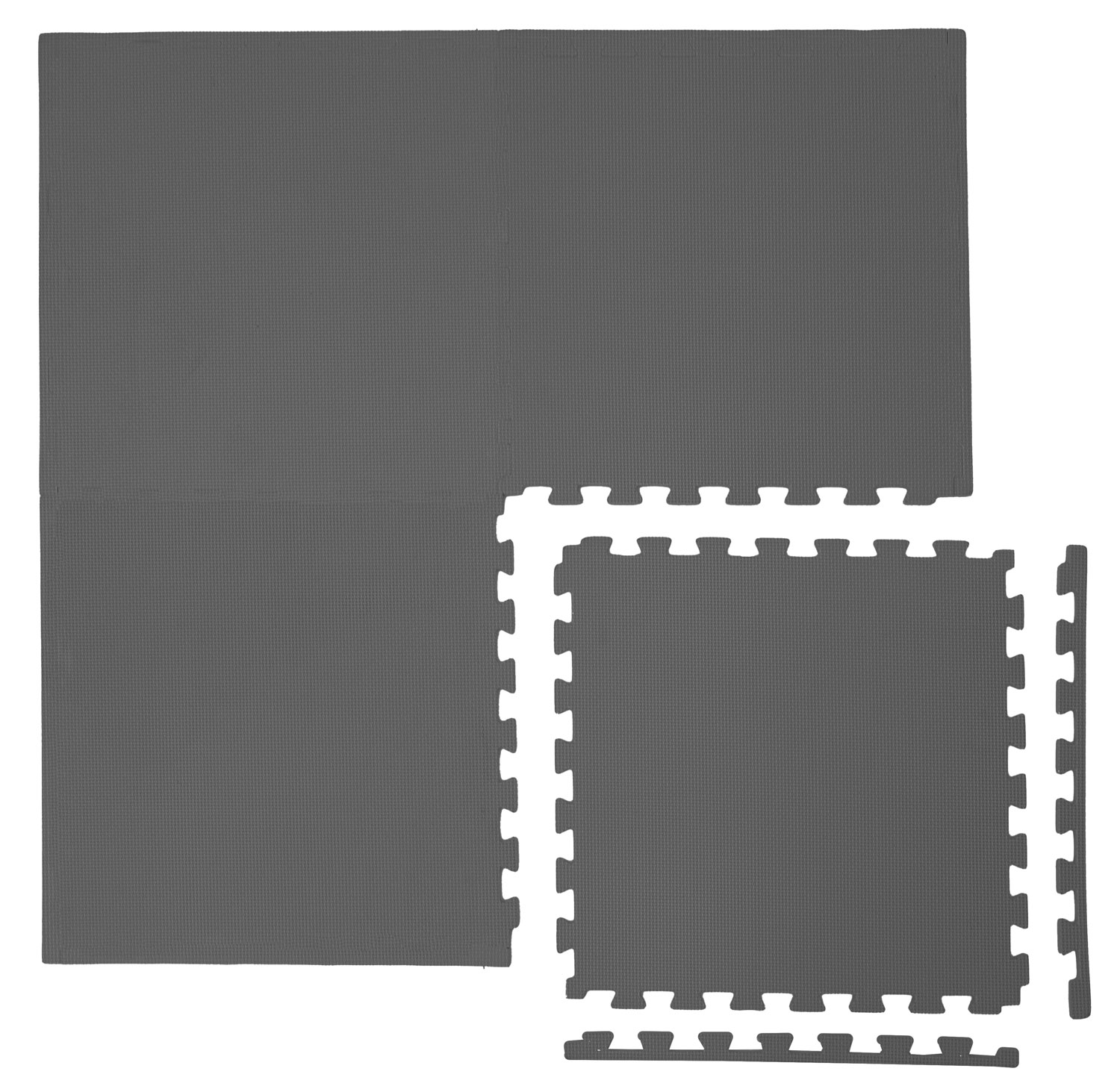 Graue Puzzlematten, eine große und mehrere kleine, auf weißem Hintergrund.