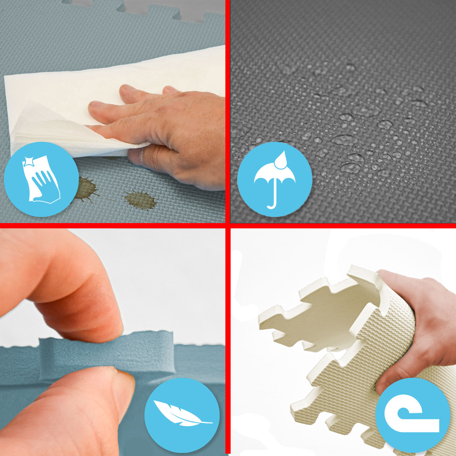 Vier Bilder zeigen Eigenschaften von Bodenmatten: Reinigung, Wasserdichtigkeit, Leichtigkeit und Flexibilität.
