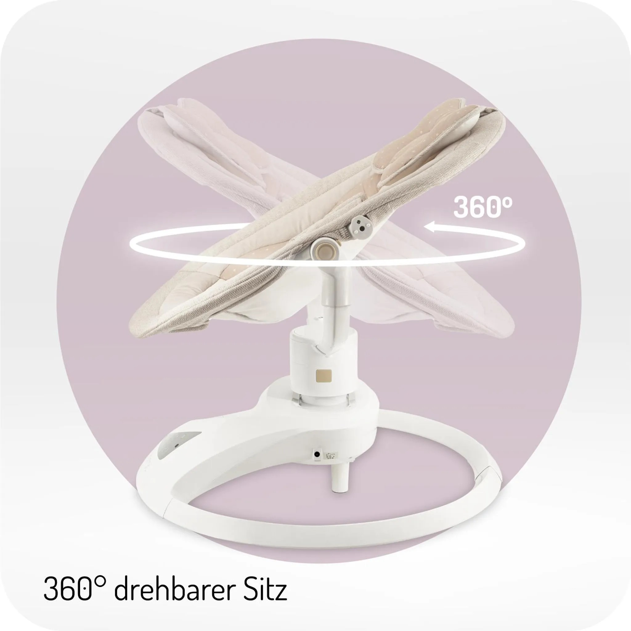 Ein weißer Babywippen-Sitz dreht sich um 360 Grad, mit einem Pfeil und Text.